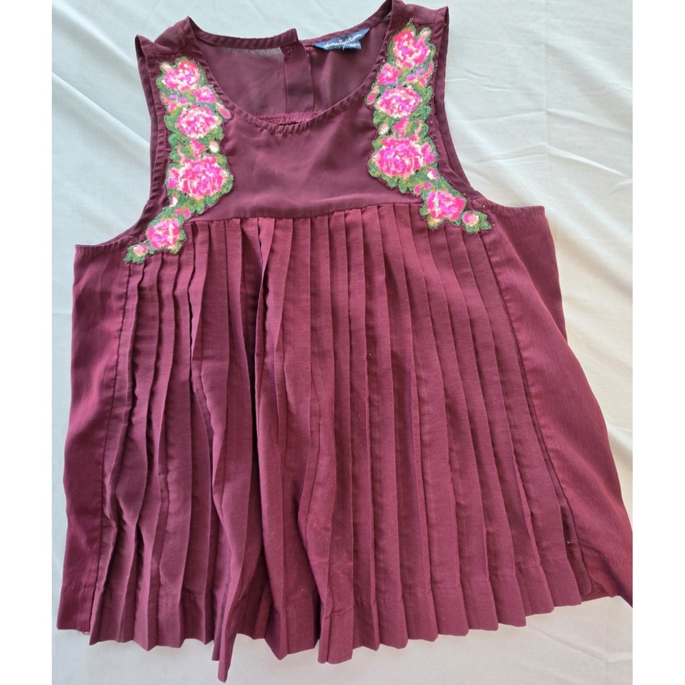 American Eagle Outfitters Top S Maroon Baby Doll Pleated Emboidery Floral Boho